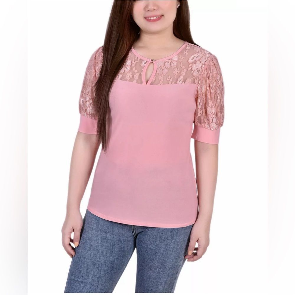 NY Collection pink puff sleeve lace knit top